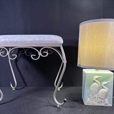 Vanity Upholstered Stool and Vintage Table Lamp with Shade