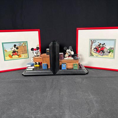 Mickey & Minnie Working in Office Bookends & 2 nicely framed prints, going for a drive and a walk 