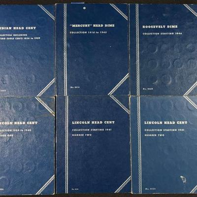 Coin Books with Indian Head and Lincoln Wheat pennies, Mercury Head and Roosevelt Dimes