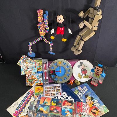 Large Vintage Disney Toy Lot incl. Marionettes, Historic Block Puzzle, Collectors Cards and MORE!
