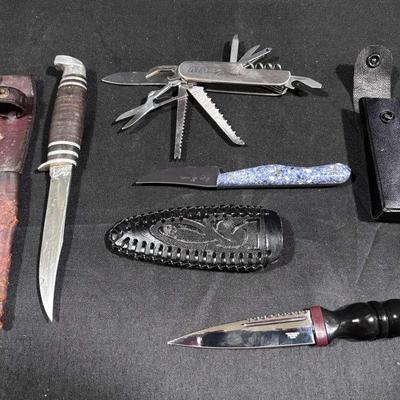 4 Knives, Queen Stainless, JYD Formica "Whittler", BK 1168 & DeWalt Racing Max Tool (multi-tool)