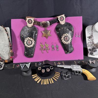 Cowboy / Western Themed Jewelry and Accessories incl. Rings, Necklaces, Belt, Holster, etc.