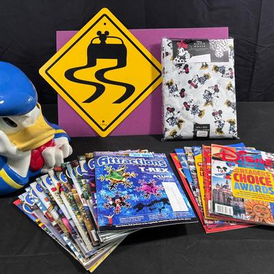 Donald Cookie Jar, Mickey Sign, Minnie Tablecloth and many Disney & Attractions Magazines