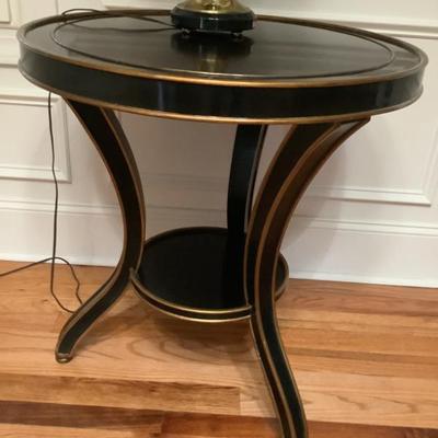 $225 2 tier black, brown, gold wooden round table 28"H 26"diameter