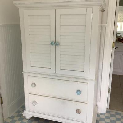 Sale Photo Thumbnail #184: $225 white cabinet with wonderful pulls, 2 door, 2 drawer 65"H 42"L 20"depth