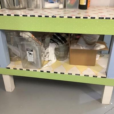 Sale Photo Thumbnail #264: $125 black with flowered argyle worktable 41"H 54"L 27"depth 