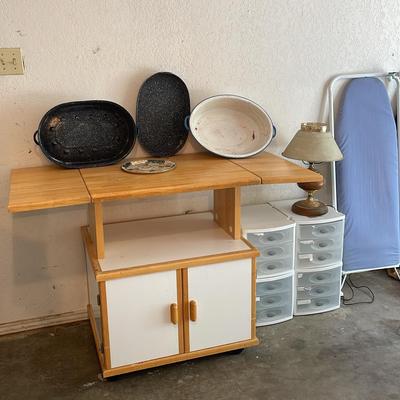 Kitchen Work Surface / Storage, Ironing Board, Various Pans/trays, Lamp