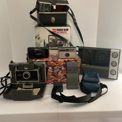 Grouping Of 4 Vintage Cameras, Canera Cases, Small Tape Recorder, Slide Viewer Photo Box