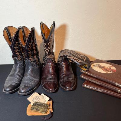 Cowboy Boots, Belt Buckle, And Books