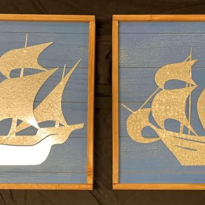 Pair Of Wood And Tin Nautical Ship Framed Wall Arts