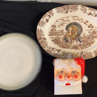 Vintage Serving Platter, Thankgiving Themed Platter, And Santa Claus Vase