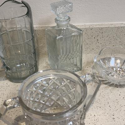 Vintage Glassware Including Pitcher, Champagne, Chiller, Candy Dish, And Whiskey Decanter.