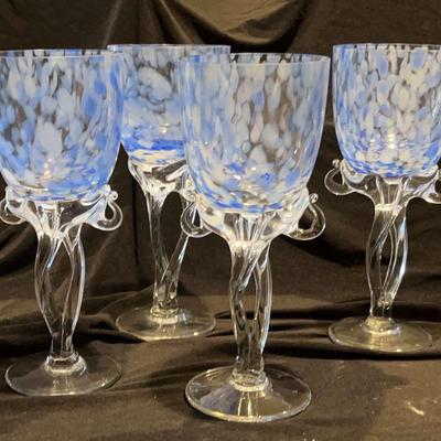4 Blue Hand-blown Confetti Wine Glasses