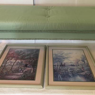 Mcm Designer Bench with Two Vintage Wood Framed Prints