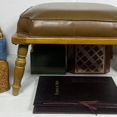 MCM Brown Leather Top Stool, MCM Bookends, & Holders of Variety 