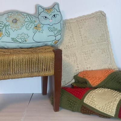 MCM Woven Stool, Knitted Throw & Pillow, Embroidered Cat Pillow