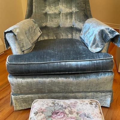 MCM Tufted Light Blue Velvet Chair with Floral Tapestry Foot Stool