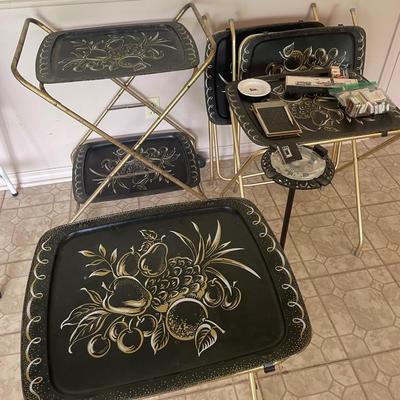 MCM Metal Serving Carts and Trays with Antique Wrought Iron Standing Ashtray