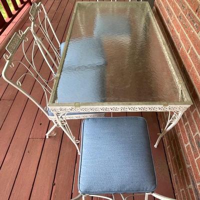 Vintage Wrought Iron + Glam Table & Chairs W/ Blue Cushions 