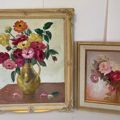 “Everything’s Coming Up Roses” 2 Vintage Oil Paintings On Canvas