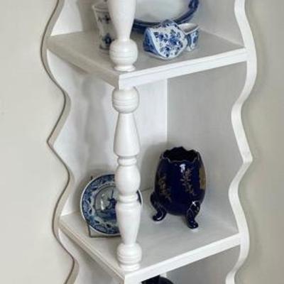 Elegant White Corner Shelf with Blue Delft and Blue Porcelain 