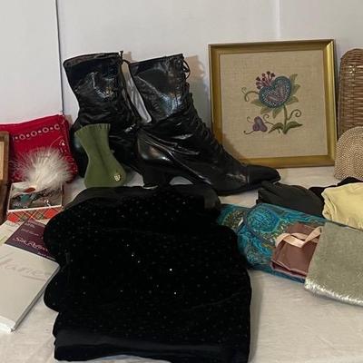 Vintage leather Victorian Boots With Silk Scarves And Stockings, Gloves And Wicker Handbags