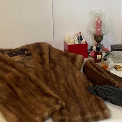 Vintage Mink Stole With Gloves And Silk Scarves