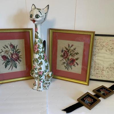 MCM Italian Retro Porcelain Cat with Rose Needlepoints