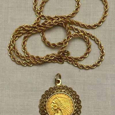 1908 Gold $2.50 Indian Head Quarter Eagle Coin In 14k Pendant