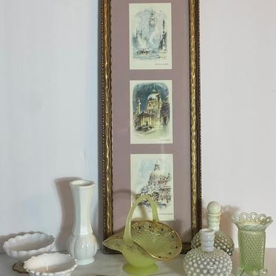 Vintage Fenton Basket & Glassware, Milk Glass, Mother Pearl Coasters