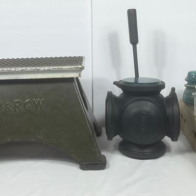 Vintage Train Conductor Stool & Railroad Switch & Insulators 