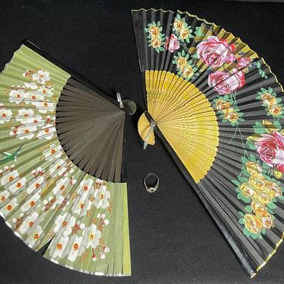 Diamond Ring W/ No Center Diamond & Vintage Bamboo Paper Fans 