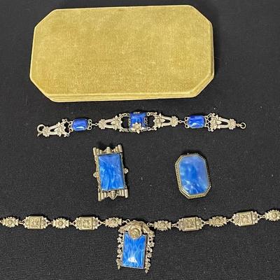 Antique Art Deco Filigree Blue Jewelry Set 