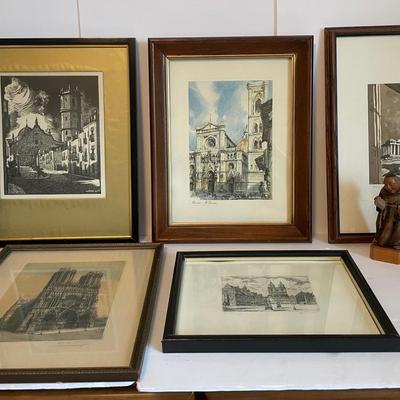 European Framed Art With Vintage Anri Toriart Monks And St Francis Figurine