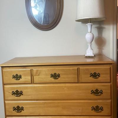 Vintage Maple Dresser, MCM Lamp & Mirror