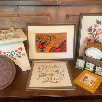 Framed Gruel, Embroidery And Yarn, Art with Stool, Vintage Sewing Box, and Heart Stone Mold