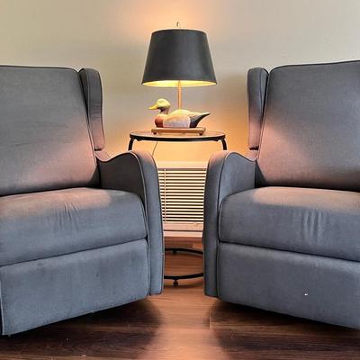 2 Upholstered Grey Rocking Recliners & Duck Lamp!