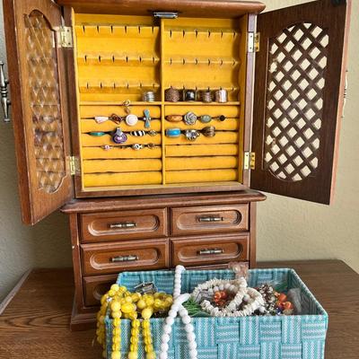 Wood Rotating Jewelry Case & Mystery Lot Of Necklaces & Rings