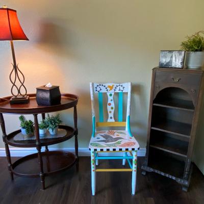 Mahogany Bookshelf, 3 Tiered End Table, & Whimsical Chair