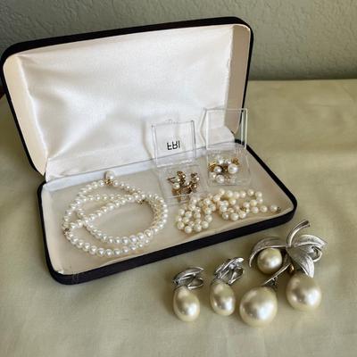 Lot Of Pearl Earrings, Brooch & Necklaces