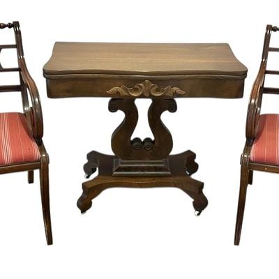 Antique Folding Card/Game Table & Two Carved Wooden Chairs