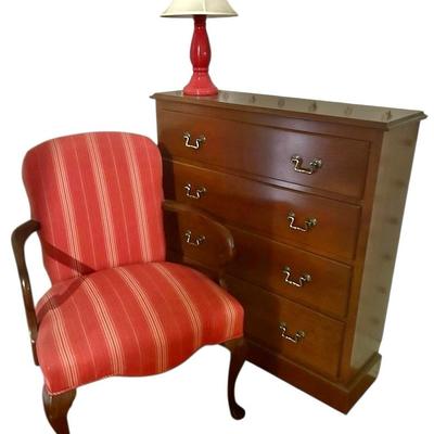 Queen Anne Style Armchair, Wooden Entryway Cabinet, & Table Lamp 