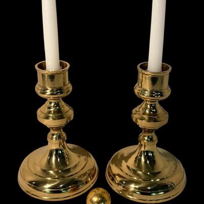 Pair of Brass Candlestick Holders & Spinning Brass Top Paperweight
