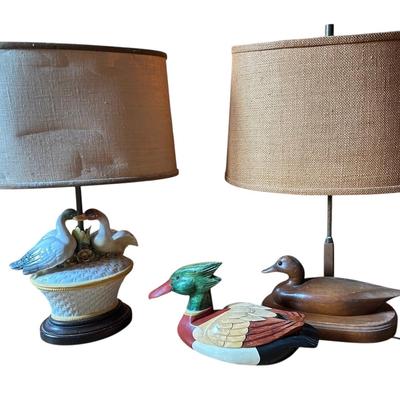 Carved Wooden Decoy Duck & Two Vintage Duck Lamps (Both Working!)