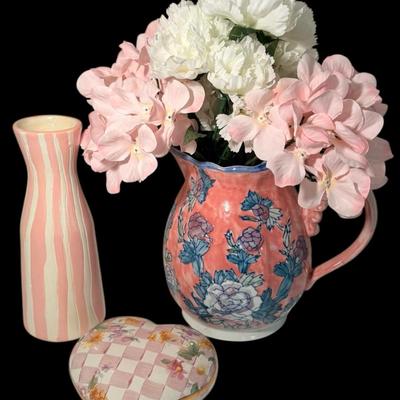 MacKenzie-Childs Pottery Heart, Pink Striped Vase, & Floral Pitcher