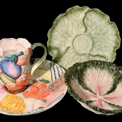 Fitz & Floyd Vegetable Garden Pitcher & Serving Dish, Lettuce Platter, & Cabbage Bowl