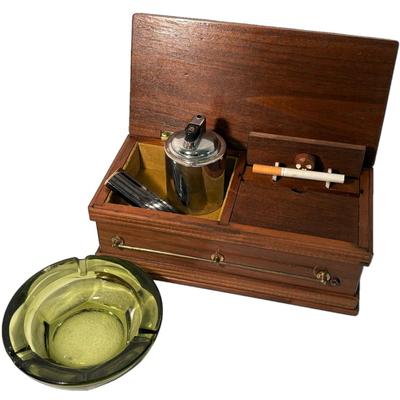 Vintage Coffin Cigarette Music Box, Green Glass Ashtray, & Lighters
