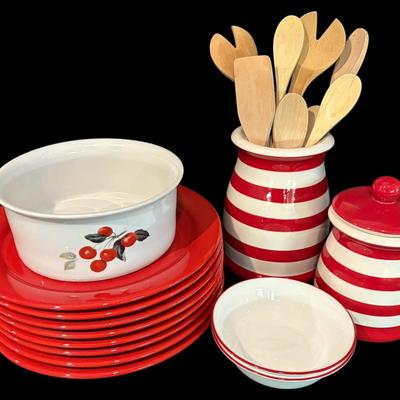 Ceramic Red & White Striped Canisters, Cordon Bleu Tomato Bowl, Red Dinner Plates, & Corelle Bowls 