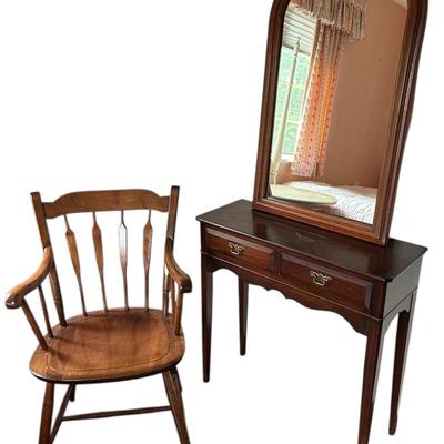 Small Vintage Wooden Vanity, Chair, & Mirror