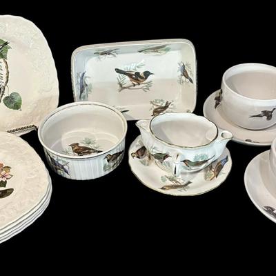 French Porcelain Lourioux Soufflé Dish, Gravy Boat, & Alfred Meakin “Birds of America” Plates